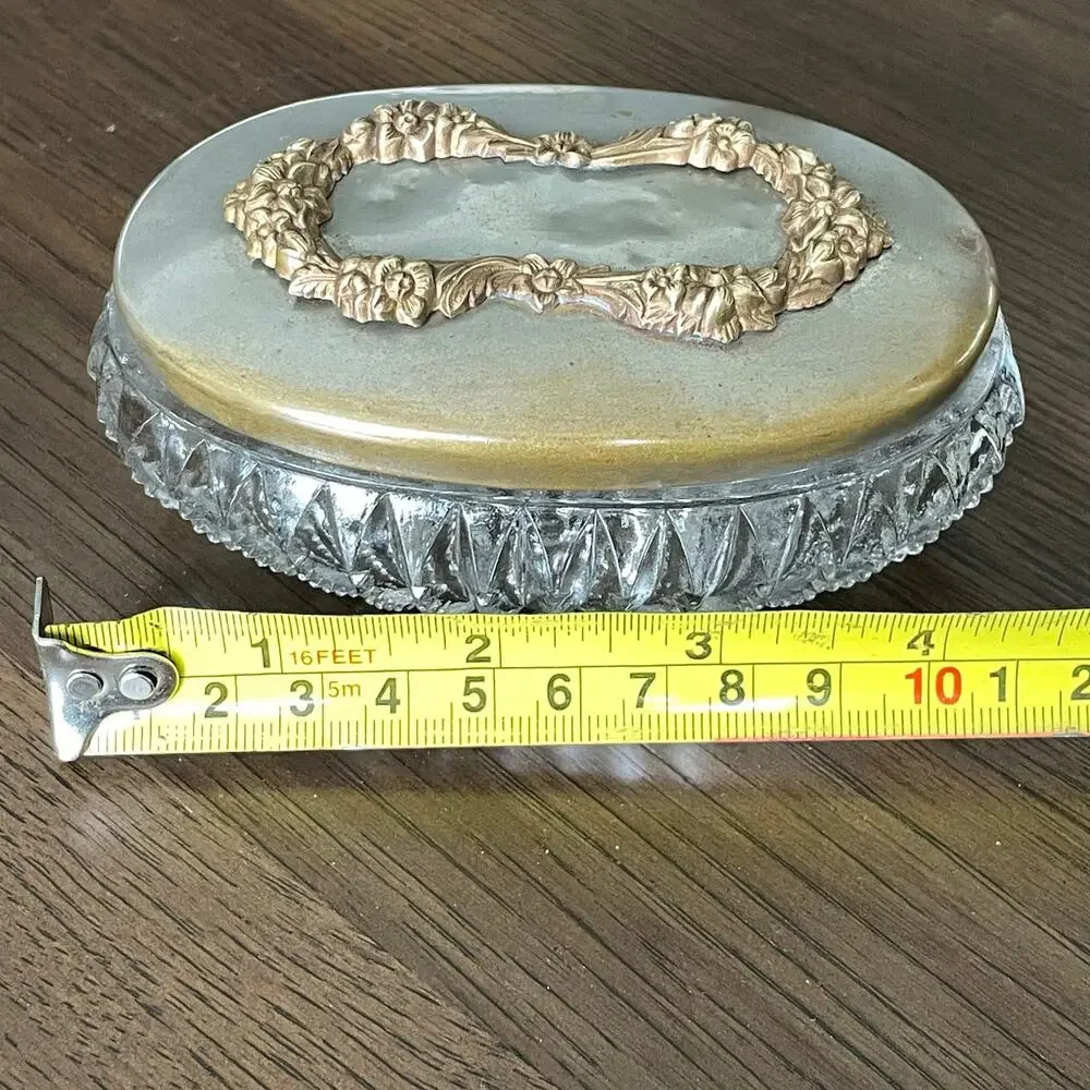 Vintage Art Nouveau Glass Trinket Dish with Metal Lid Vanity Jar Floral Design
